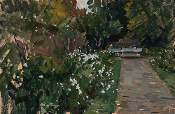 Plein air painting of the White Garden in the Rookery in Streatham.