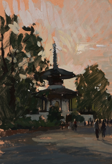 Plein air painting of the pagoda in Battersea Park, London.