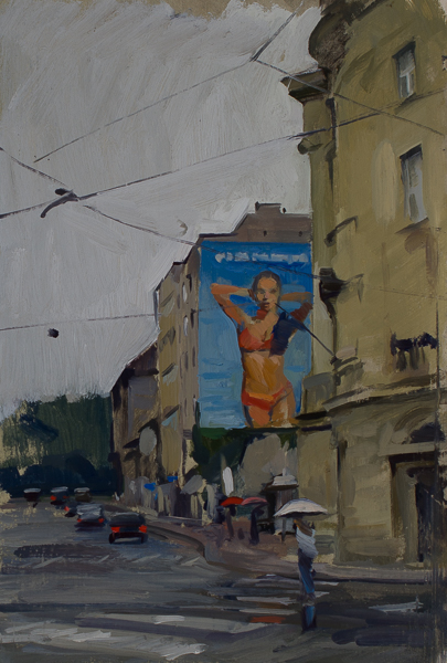 Plein air painting of a Calzedonia advertisement in the rain in Zagreb.