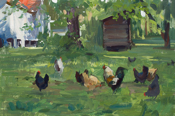 Plein air painting of chickens in Carthage, NC.