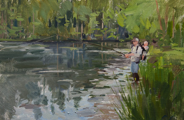 Plein air painting of a father fishing with his son on a pond.