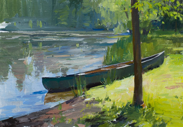 Plein air painting of a backlit canoe in Carthage, NC.