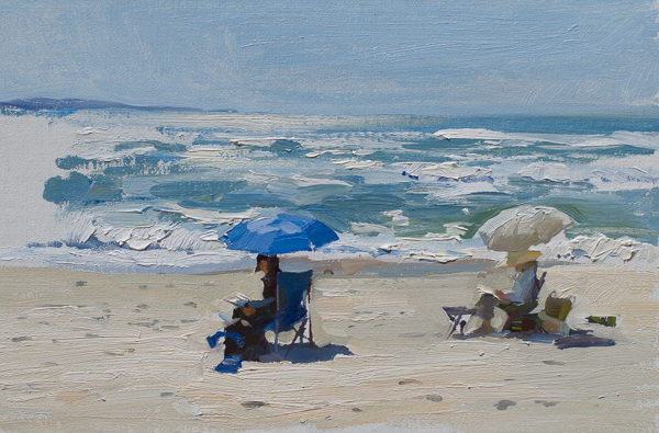 Plein air oil painting of watercolorists on a beach in Marina, California Central Coast.