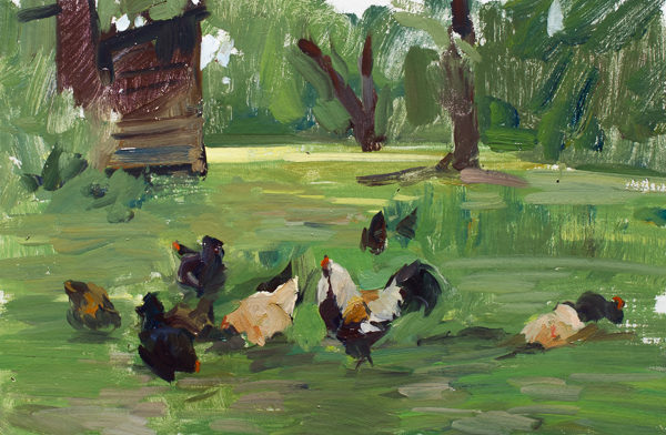 Plein air painting of chickens.