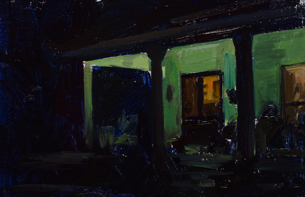 Plein air painting of a porch at night.