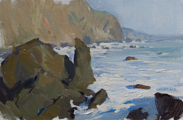 Plein air painting of the Big Sur coast in the evening light.