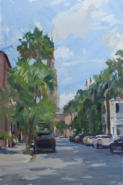 Plein air painting of the palm trees on Church Street in Charleston, SC.