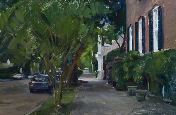 Plein air landscape painting of a sidewalk in Charleston SC.