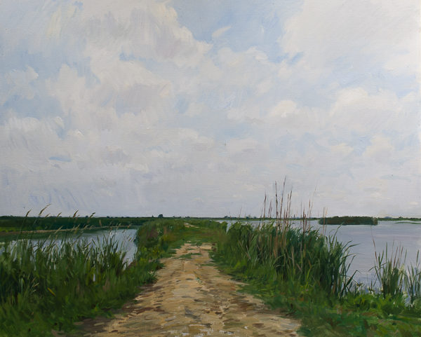 Plein air painting of a road in a marsh in the South Carolina Lowcountry.