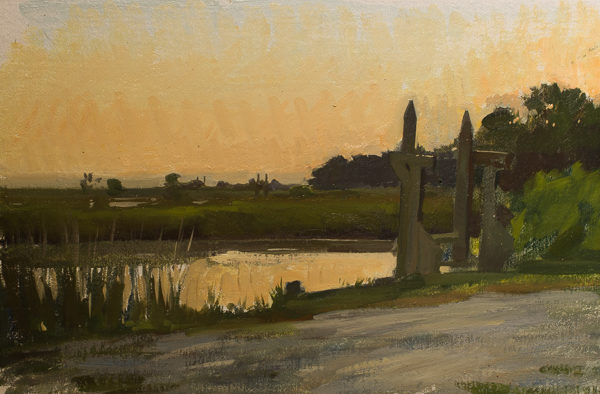 Plein air landscape painting of twilight in the North Santee River delta.
