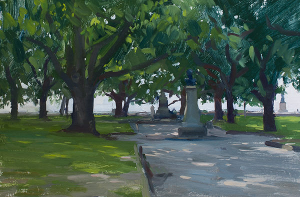 Plein air landscape painting of White Point Gardens in Charleston, SC.