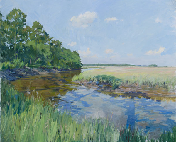 Plein air painting of afternoon shadows on a lowcountry creek in South Carolina.