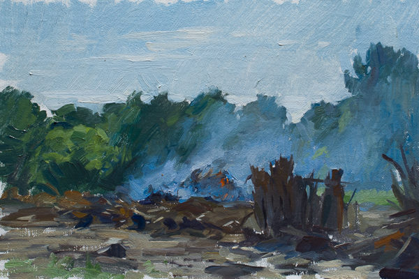Plein air painting of burning stumps on a farm.