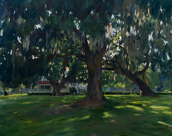 Plein air landscape painting of large oak trees on a farm in South Carolina's Lowcountry.