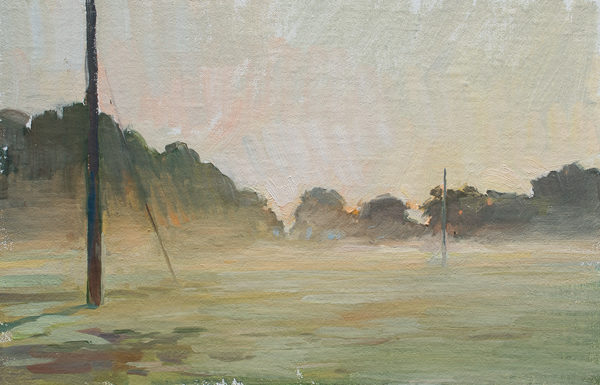 Plein air landscape painting of mist rising on a farm in South Carolina.