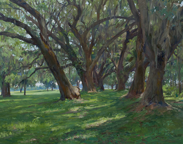 Large painting of an abandoned oak alley in South Carolina.