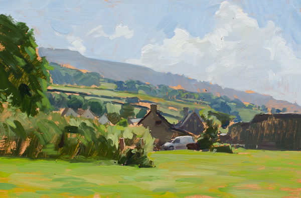 Plein air painting of Tretower in Wales.