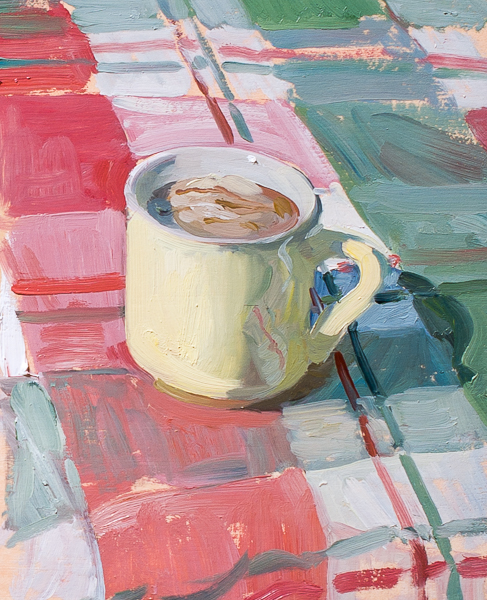 Plein air painting of an espresso with a scoop of vanilla ice cream.
