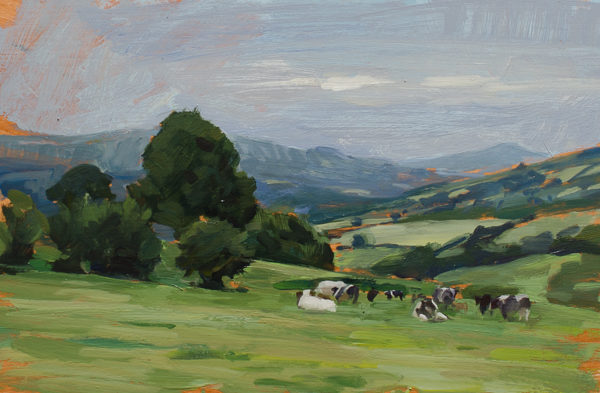 Painting of cows in the Brecon Beacons National Park, Wales.