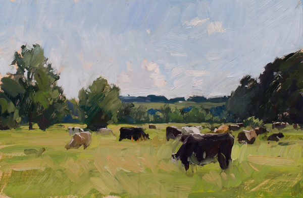 Plein air painting of cows in Lower Woodford.