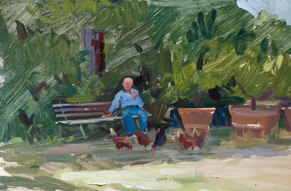 Plein air portrait of a Tuscan farmer with his chickens.