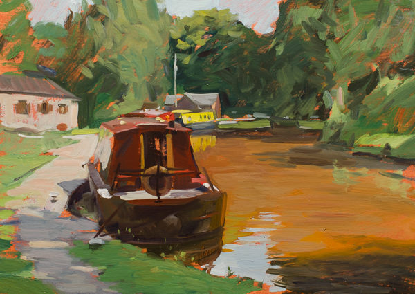 Plein air painting of Narrowboats on the Monmouthshire and Brecon Canal