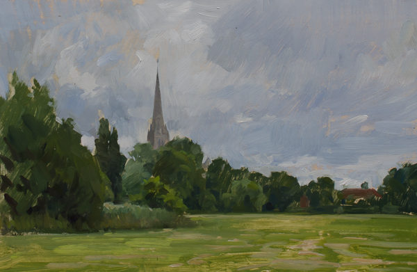 Plein air painting of Salisbury Cathedral.