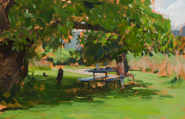 Plein air painting of children playing under a tree.