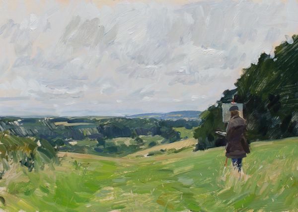 Plein air painting of a painter in the Woodford valley in Wiltshire.