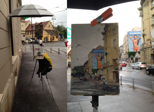 Photo of a plein air painting umbrella blocking too much light.