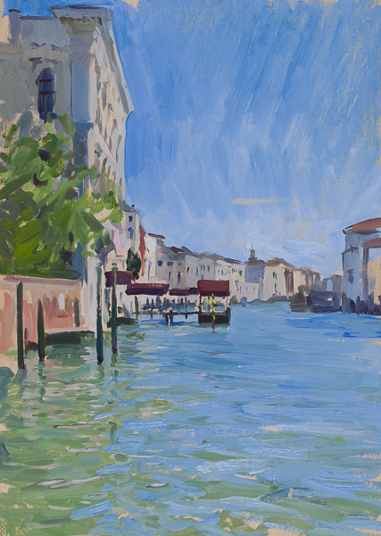 Plein air landscape painting of the Grand Canal in Venice.