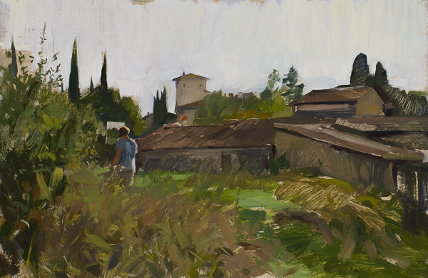 Plein air painting of Jory Glazner painting near Vicchio di Rimaggio.