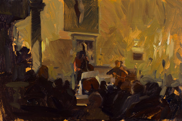 Oil painting of a classical concert in the church of San Lorenzo a Vicchio di Rimaggio.