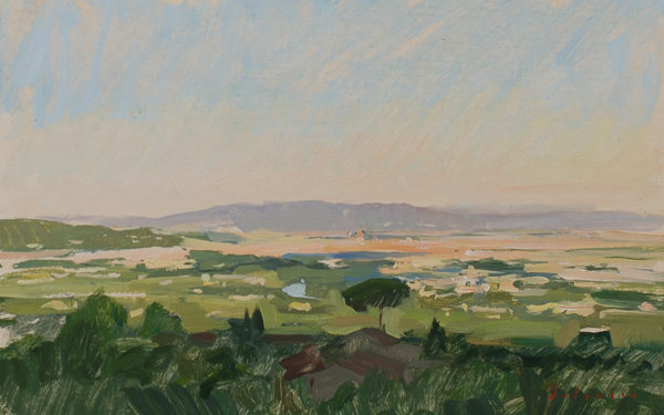 Plein air landscape painting of dawn over Florence, Italy.