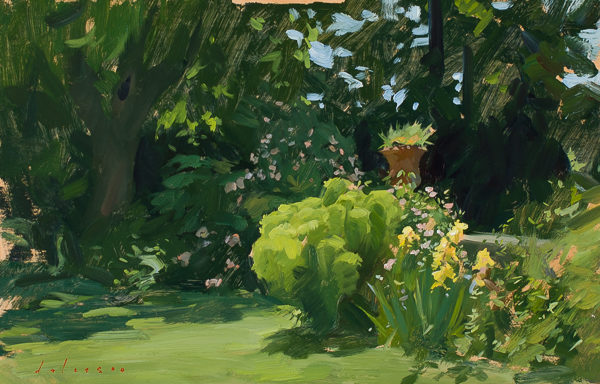 Plein air painting of a corner of the garden at Villa Schneiderf.