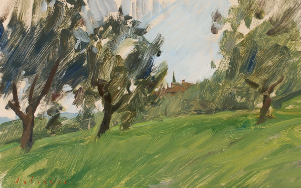 Plein air painting of an olive grove in the Arno river valley.