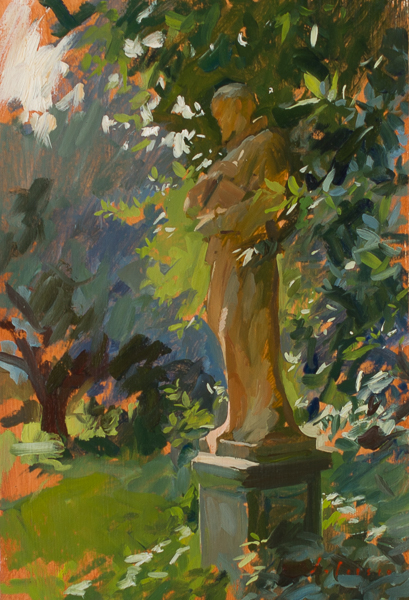 Oil painting of a terracotta statue in the garden.