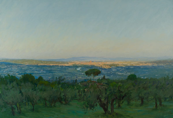 Plein air landscape painting of dawn over Florence, Italy.