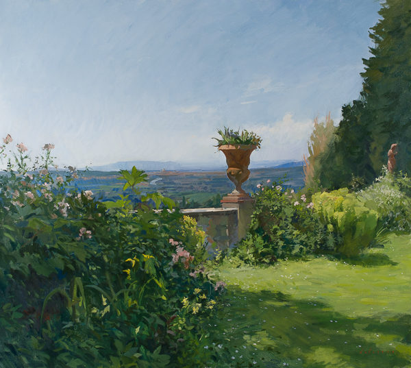 Plein air landscape painting of the garden at Villa Schneiderf.