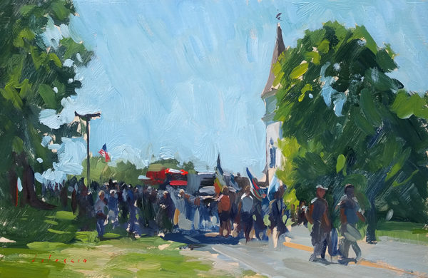 Plein air painting of a Fourth of July Parade on Deer Isle, ME