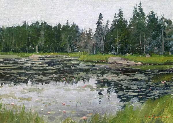Oil painting of Ames Pond, Stonington, Deer Isle, ME.