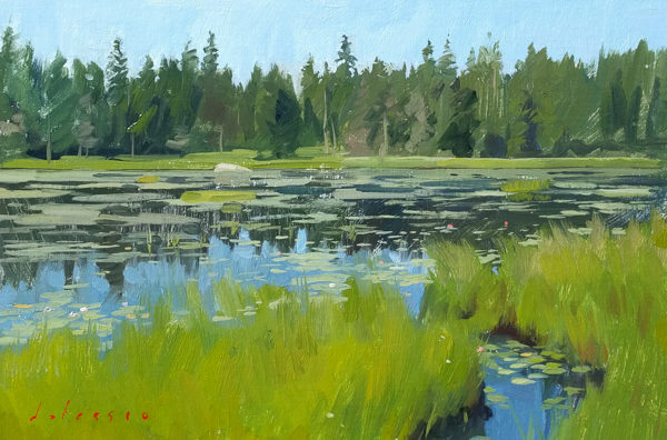 Plein air landscape painting of Ames Pond, Stonington, ME.