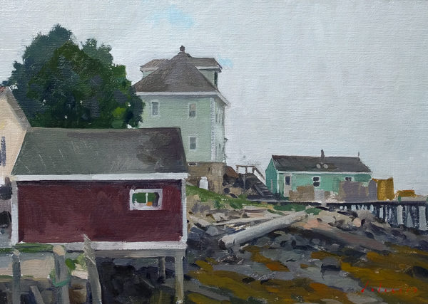 Plein air landscape painting of a fisherman's house on a grey day in Stonington.