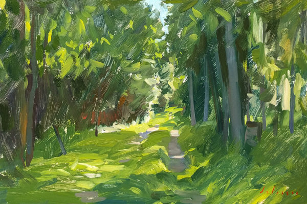 Plein air painting of an overgrown driveway.