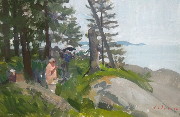 Painting of plein air landscape painters near Sand Beach, Deer Isle, ME