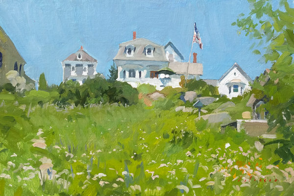Field painting of houses in Stonington, ME.