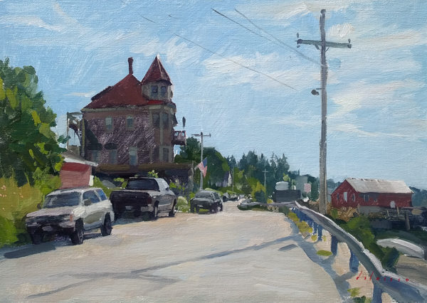 Plein air landscape painting of morning in Stonington, Maine.