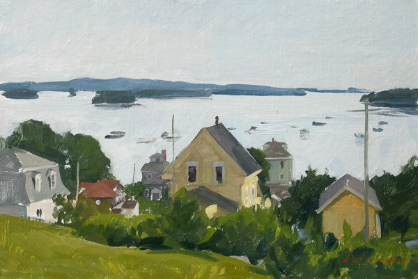 Plein air painting of the view from Church Street in Stonington, ME