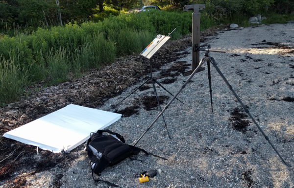 Image of a carbon fiber easel and palette system for large plein air landscape paintings.
