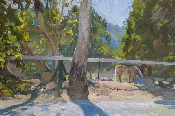 Plein air painting of horses next to Garzas Road in Carmel Valley, CA.